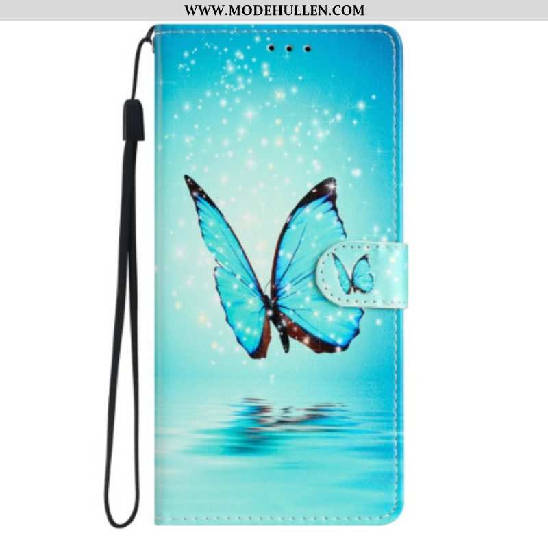 Flip Case Für Oppo Reno 8 Lite Mit Kordel Blaue Schmetterlinge Mit Riemen