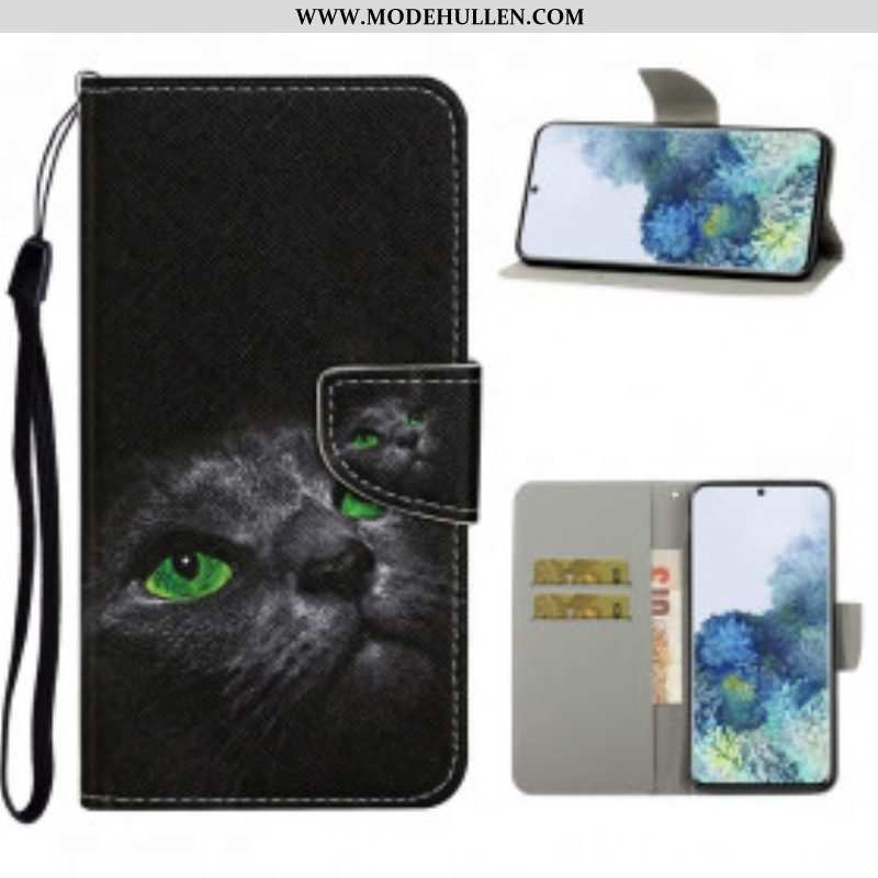 Flip Case Für Samsung Galaxy S21 Ultra 5G Grünäugige Katze Mit Schlüsselband