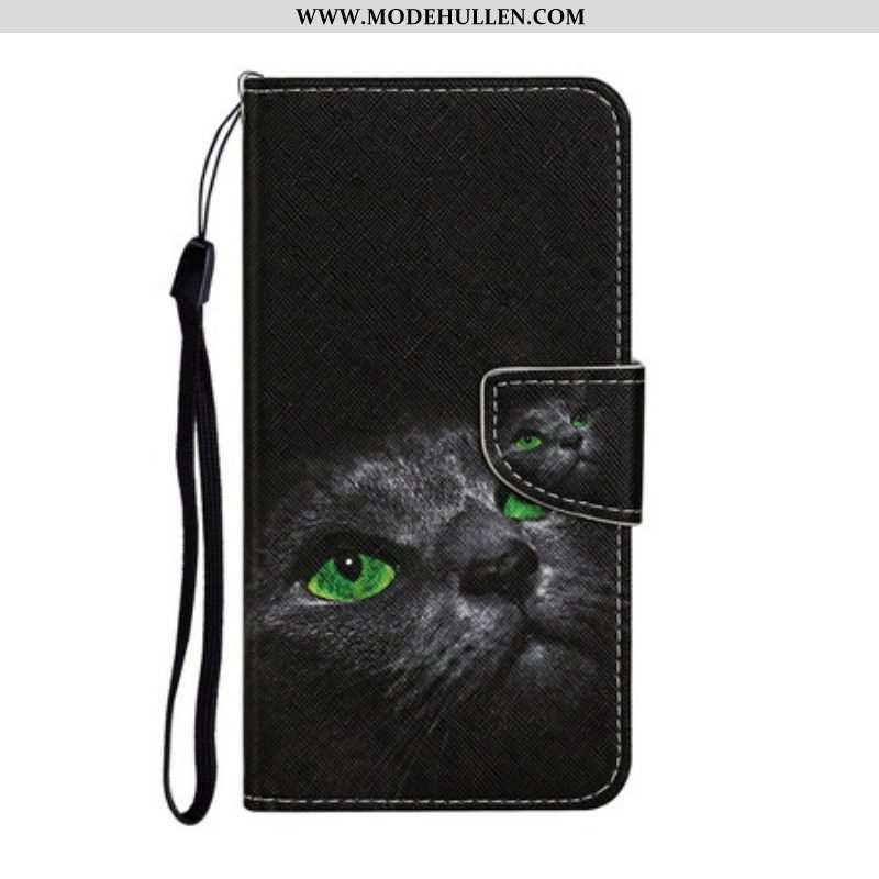Flip Case Für iPhone 13 Pro Grüne Katzenaugen Mit Schlüsselband