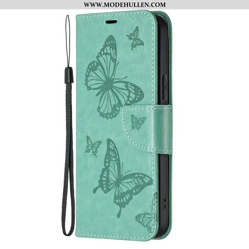 Flip Case Für iPhone 13 Pro Mit Kordel Riemchen Mit Schmetterlingen-print