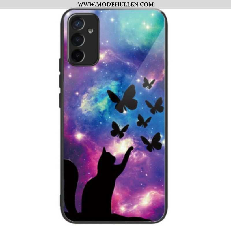 Handyhülle Für Samsung Galaxy M13 Katze Und Schmetterlinge Aus Gehärtetem Glas