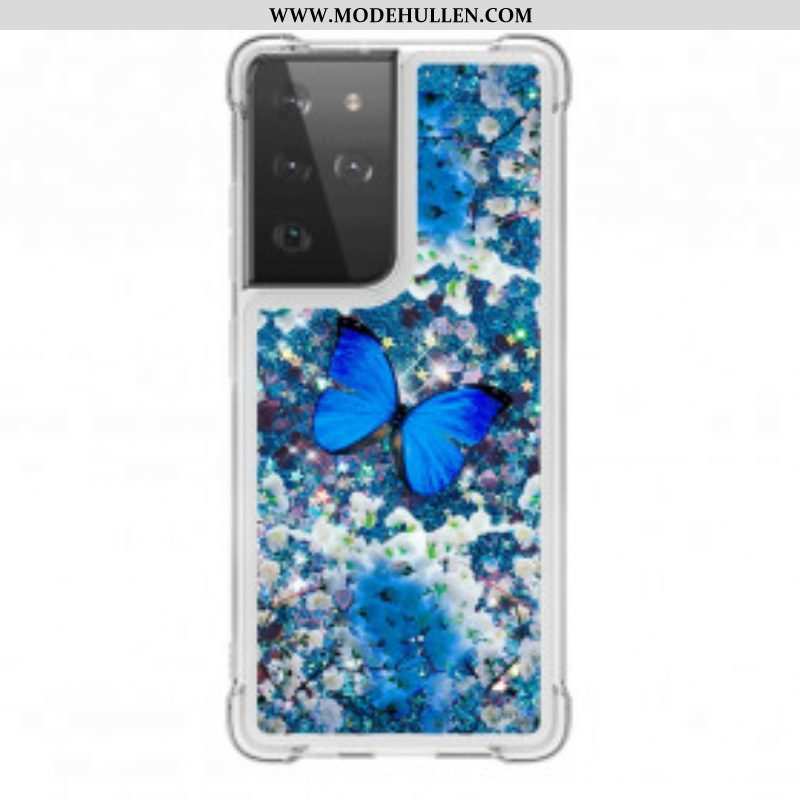 Handyhülle Für Samsung Galaxy S21 Ultra 5G Glitzernde Blaue Schmetterlinge