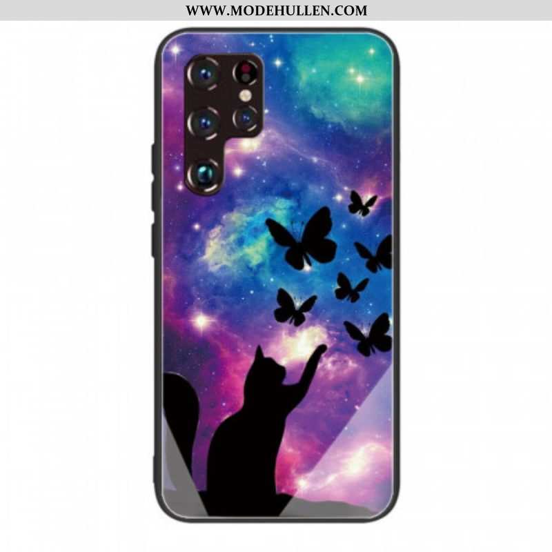 Hülle Für Samsung Galaxy S22 Ultra 5G Katze Und Schmetterlinge Aus Gehärtetem Glas Im Weltraum