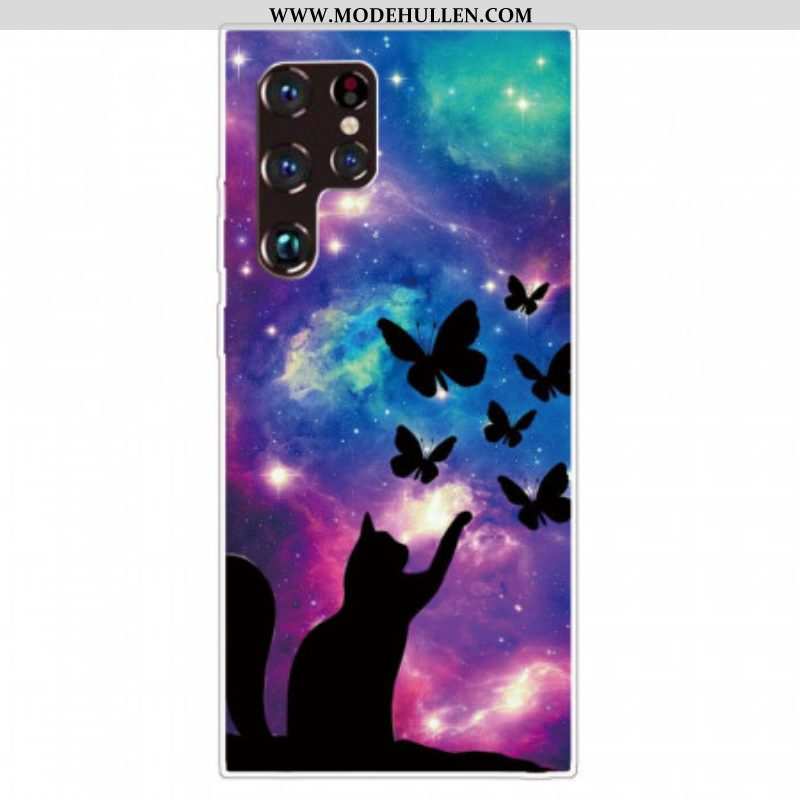 Hülle Für Samsung Galaxy S22 Ultra 5G Katze Und Schmetterlinge Im Weltraum