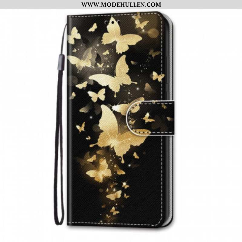 Lederhüllen Für Xiaomi Redmi Note 11 Pro Plus 5G Mit Kordel Goldene Schmetterlinge Mit Riemen