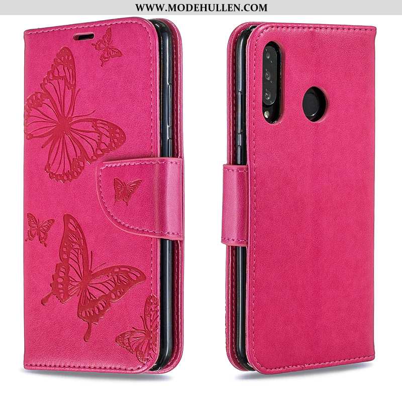 Hülle Huawei P30 Lite Prägung Leder Hängende Verzierungen Jugend Schmetterling Handy Rosa