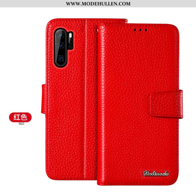 Hülle Huawei P30 Pro Echt Leder Geldbörse Handy Rot Jugend Case Rote