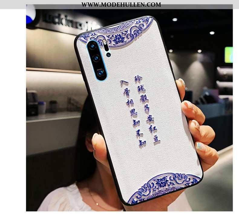 Hülle Huawei P30 Pro Prägung Leder Handy Weiß Liebhaber Chinesische Art Weiße