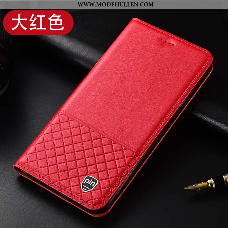 Hülle Huawei P40 Lite E Lederhülle Schutz Handy Rot Folio Kariert Rote