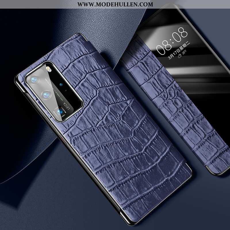 Hülle Huawei P40 Pro Echt Leder Leder Handy Schutzhülle Muster Dunkelblau Zubehör