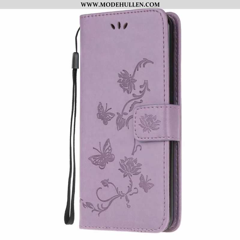 Hülle Huawei Y6p Lederhülle Weiche Handy Lila Schmetterling Blumen