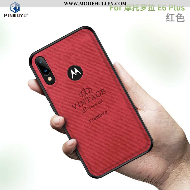 Hülle Moto E6 Plus Muster Schutz Case Handy Rot Stoff Rote