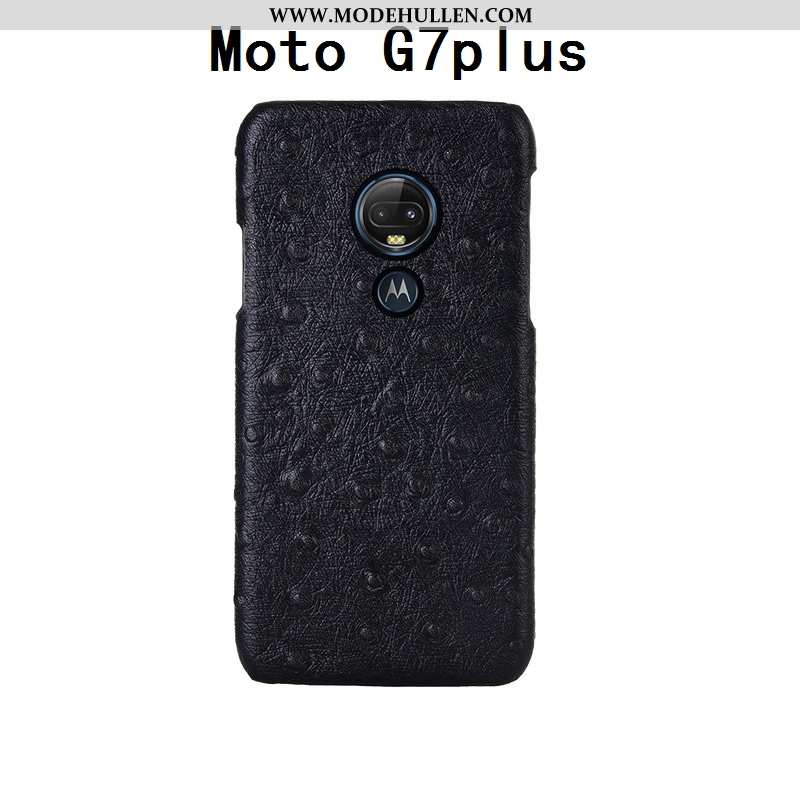 Hülle Moto G7 Plus Mode Luxus Echt Leder Schwarz Handy Muster