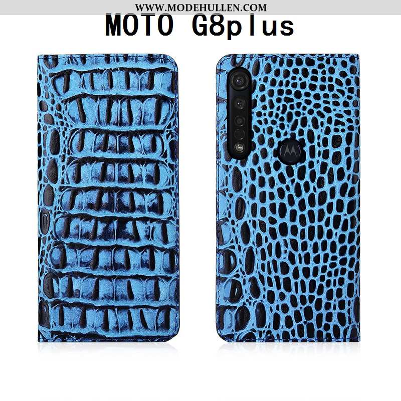Hülle Moto G8 Plus Schutz Lederhülle Silikon Einfassung Folio Handy Blau