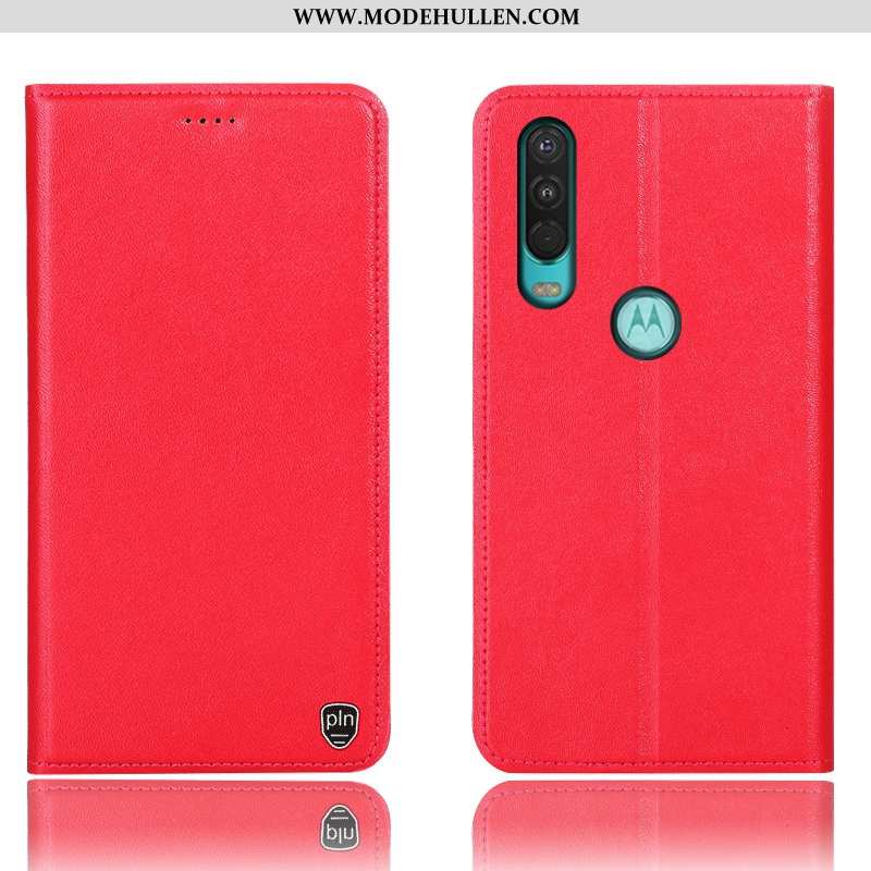 Hülle Motorola One Action Schutz Echt Leder 2020 Folio Anti-sturz Case Rot Rote