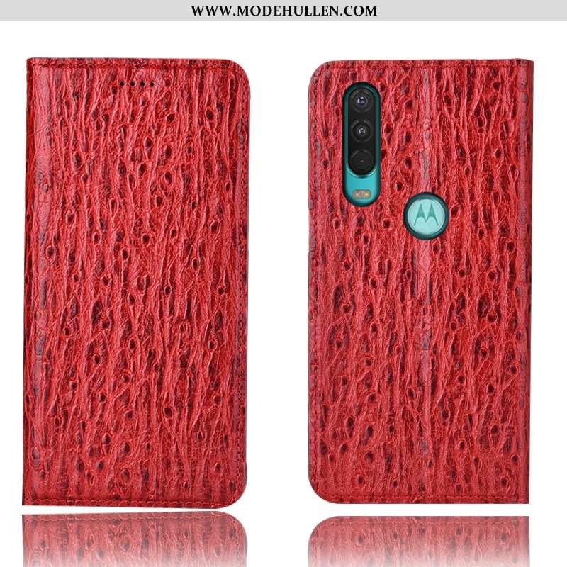 Hülle Motorola One Action Schutz Lederhülle Vogel Handy Rot Case Rote