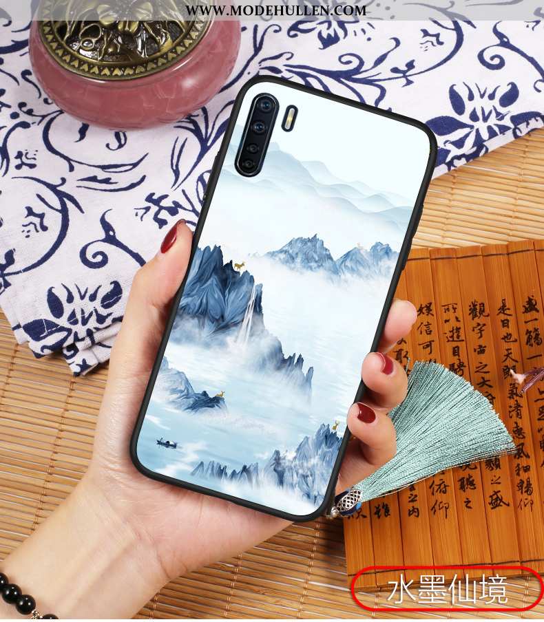 Hülle Oppo A91 Prägung Retro Anti-sturz Handy Schutz Chinesische Art Dünne Blau