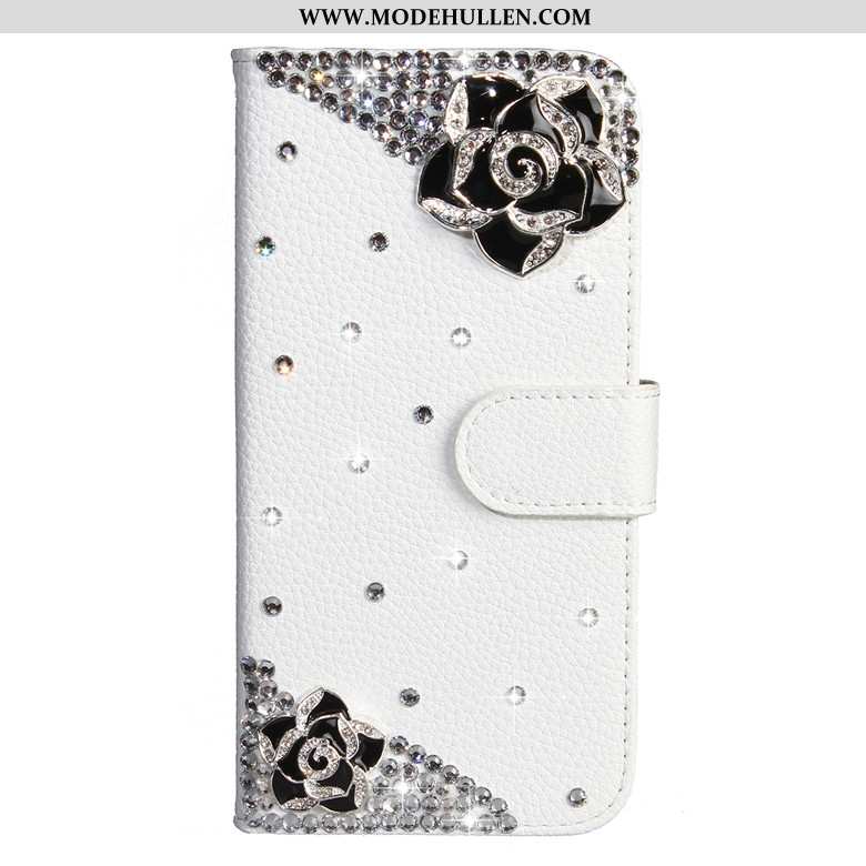 Hülle Samsung Galaxy A50s Lederhülle Schutz Weiß Schmetterlingsblumen Strass Sterne Folio Weiße