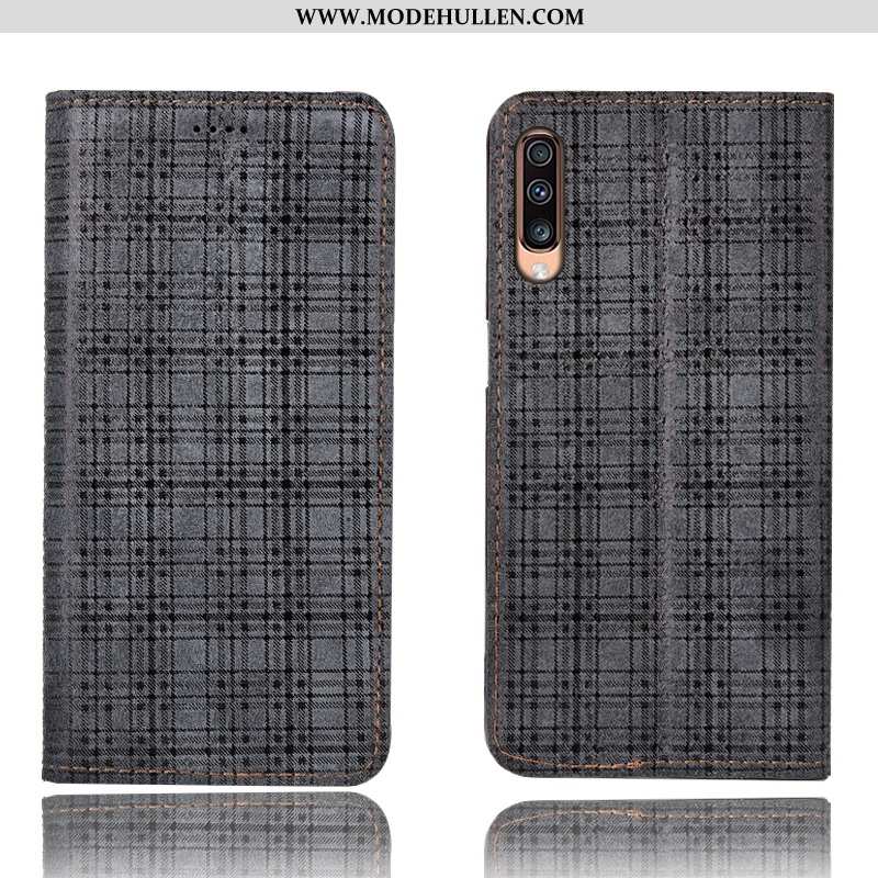 Hülle Samsung Galaxy A70s Echt Leder Muster Schutz Folio Sterne Grau