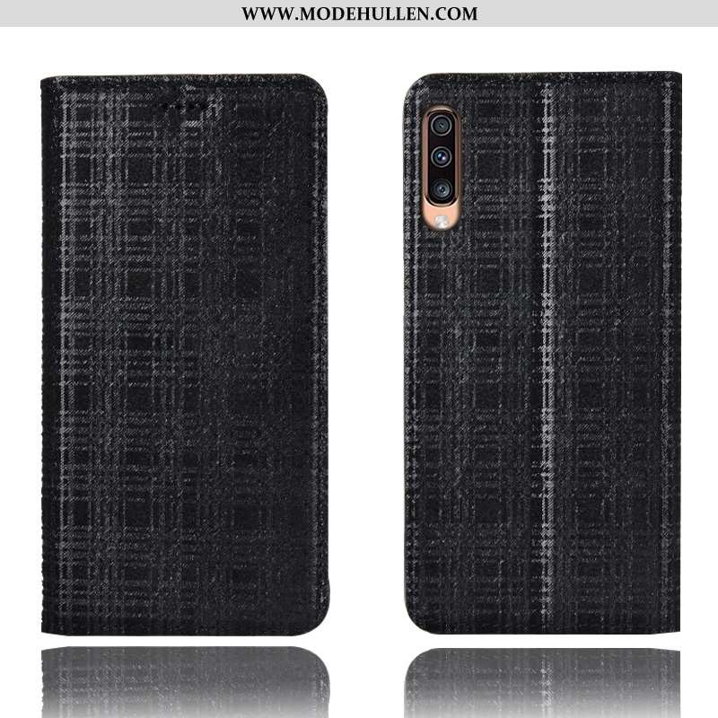 Hülle Samsung Galaxy A70s Echt Leder Muster Schutz Folio Sterne Grau