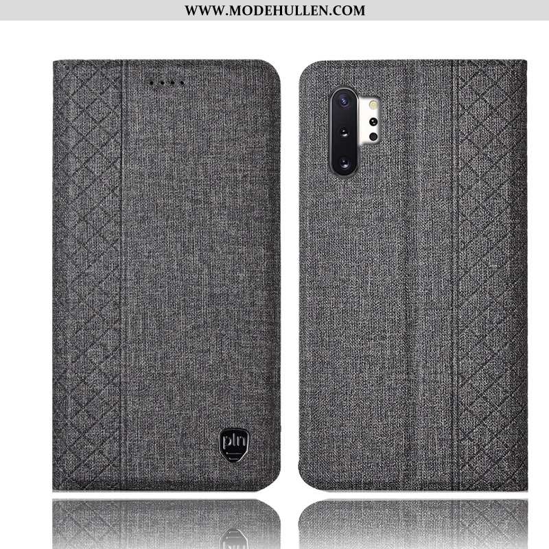 Hülle Samsung Galaxy Note 10+ Baumwolle Und Leinen Lederhülle Handy Folio Alles Inklusive Schutz Gra