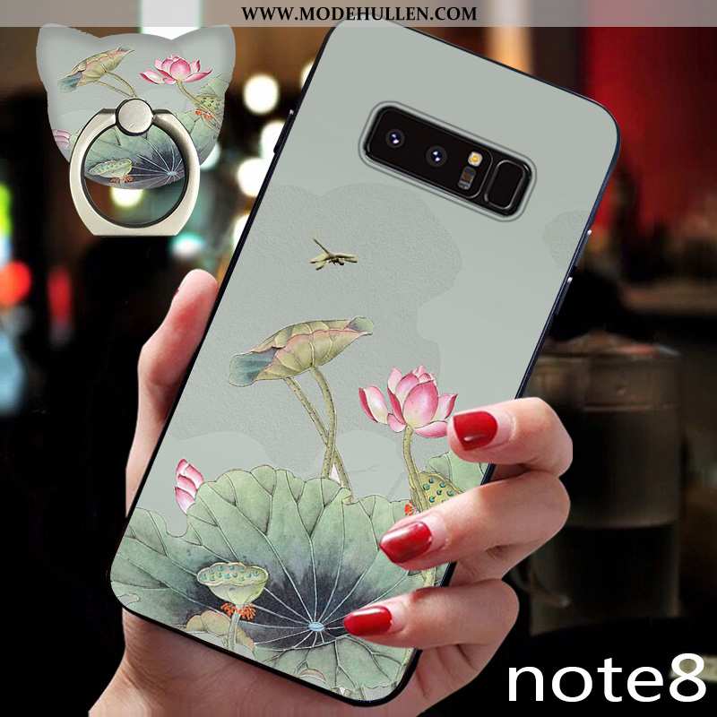 Hülle Samsung Galaxy Note 8 Weiche Dünne Nubuck Handy Groß Sterne Schnalle Grün