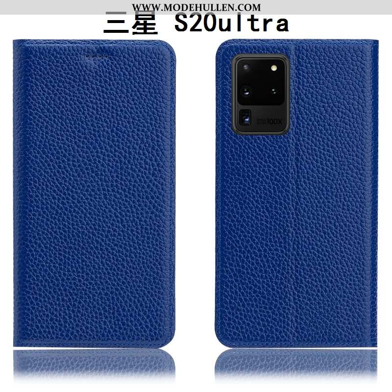 Hülle Samsung Galaxy S20 Ultra Lederhülle Muster Handy Folio Case Litchi Blau