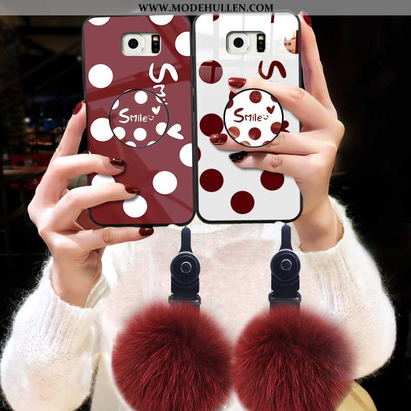 Hülle Samsung Galaxy S6 Glas Trend Sterne Handy Case Pelzball Rot Rote