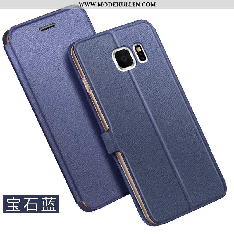 Hülle Samsung Galaxy S6 Lederhülle Blau Sterne Handy Folio Business