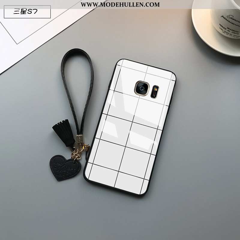 Hülle Samsung Galaxy S7 Schutz Glas Kariert Schwarz Handy Persönlichkeit