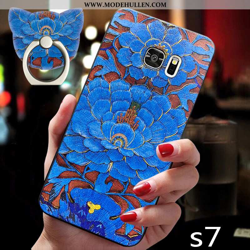 Hülle Samsung Galaxy S7 Schutz Nubuck Silikon Weiche Sterne Case Blau