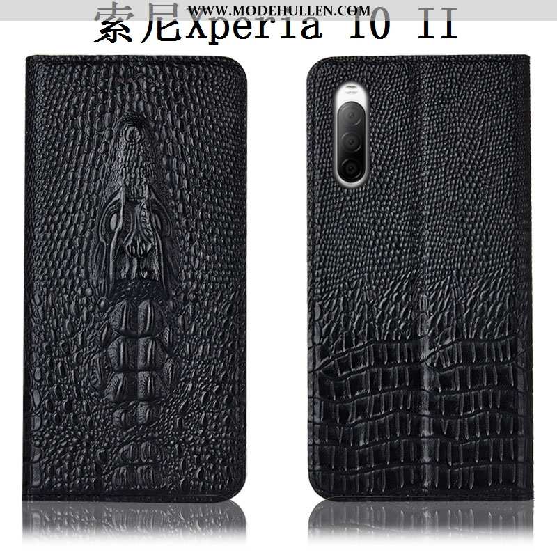 Hülle Sony Xperia 10 Ii Schutz Echt Leder Krokodilmuster Handy Folio Case Khaki