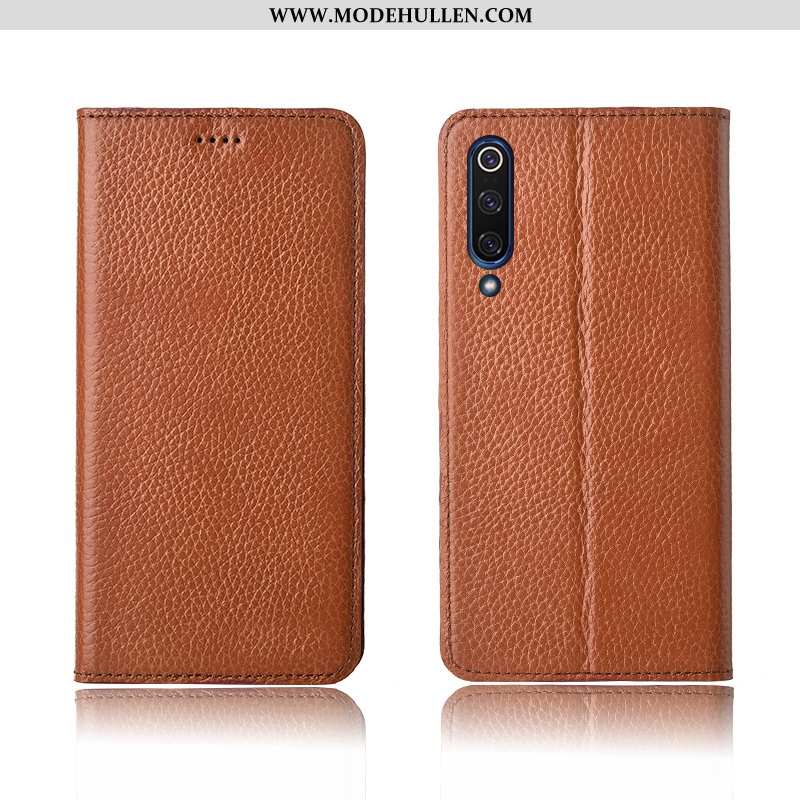 Hülle Xiaomi Mi 9 Lite Weiche Silikon Litchi Echt Leder Case Muster Braun