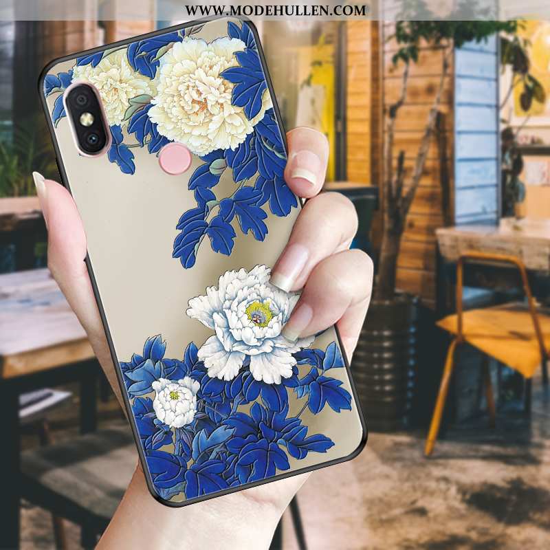 Hülle Xiaomi Mi A2 Lite Weiche Schutz Prägung Case Blumen Nubuck Blau