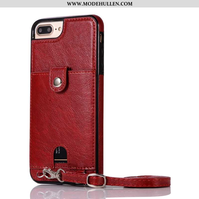Hülle iPhone 7 Plus Hängender Hals Schutz Lederhülle Rot Handy Karte Case Rote