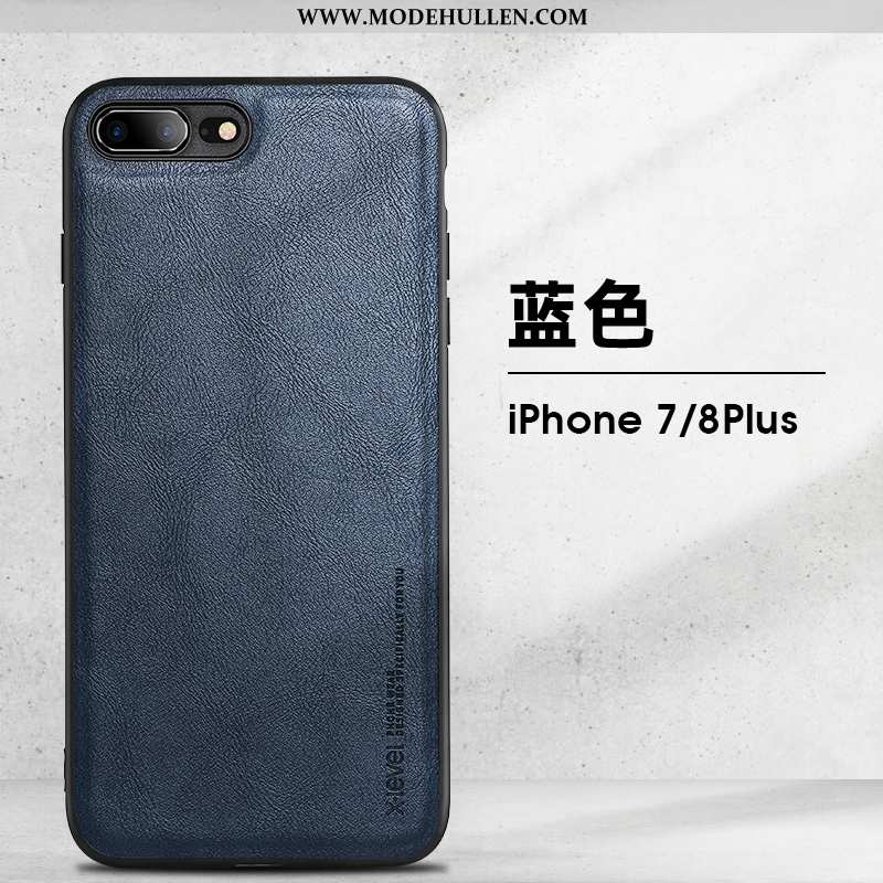 Hülle iPhone 8 Plus Leder Muster Handy Dünne Blau Case Retro