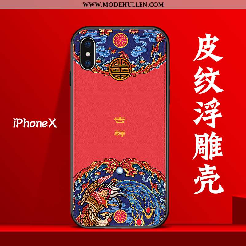 Hülle iPhone X Prägung Leder Rot Chinesische Art Muster Persönlichkeit Kreativ Rote