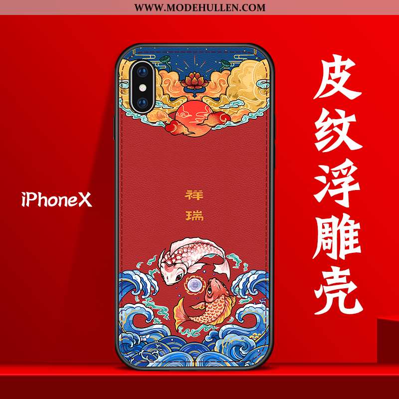Hülle iPhone X Prägung Leder Rot Chinesische Art Muster Persönlichkeit Kreativ Rote