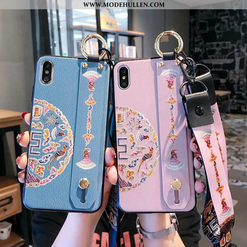 Hülle iPhone Xs Max Prägung Hängender Hals Hängende Verzierungen Palast Chinesische Art Handy Rosa