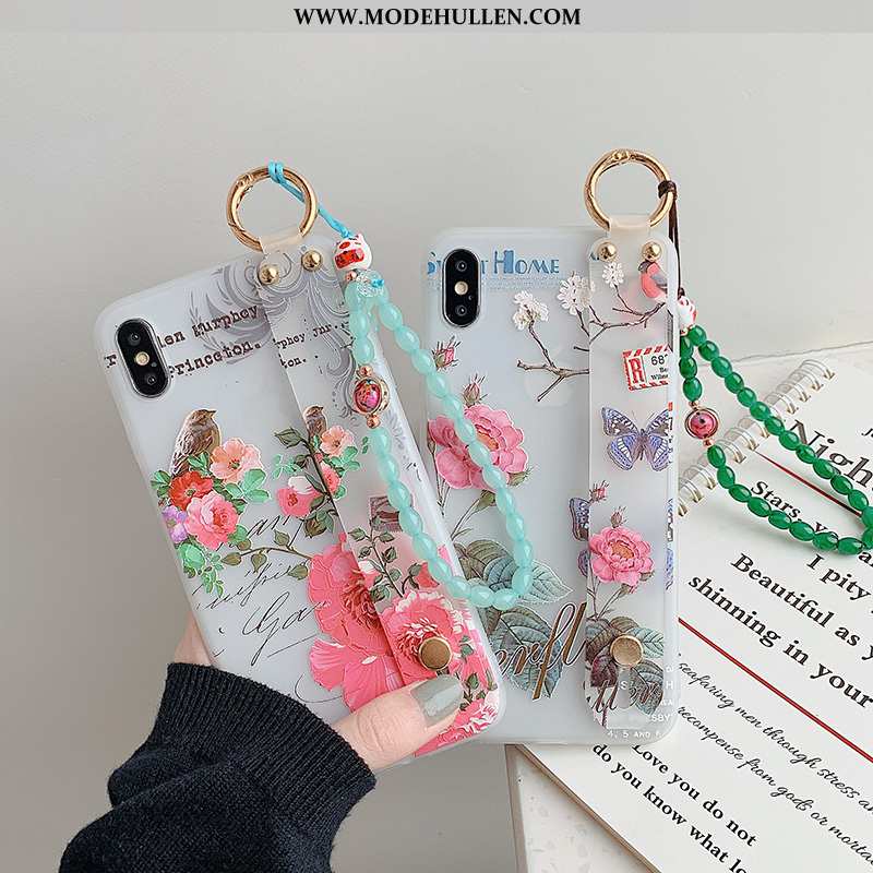 Hülle iPhone Xs Nubuck Schutz Case Handy Blumen Armbänder Halterung Grün