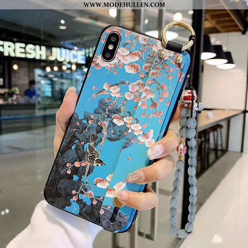 Hülle iPhone Xs Schutz Retro Blau Pflaumenblüte Silber Landschaft