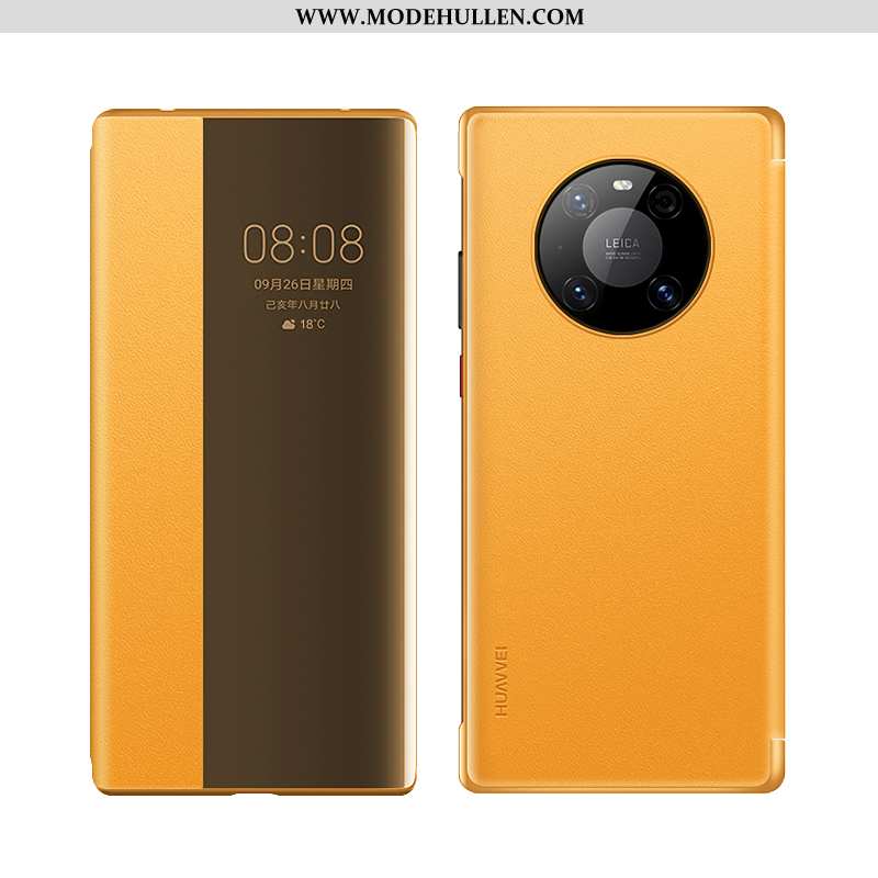 Hülle Huawei Mate 40 Pro Transparent Echt Leder Case Orange Handy Schutz