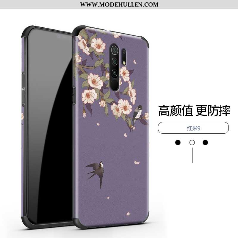 Hülle Xiaomi Redmi 9 Schutz Nubuck Leder Blumen Chinesische Art Weiche Neu Lila