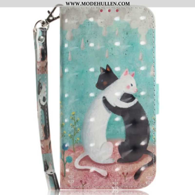 Flip Case Für Honor Magic 5 Lite Mit Kordel Weiße Katze. Schwarze Katze Mit Riemen