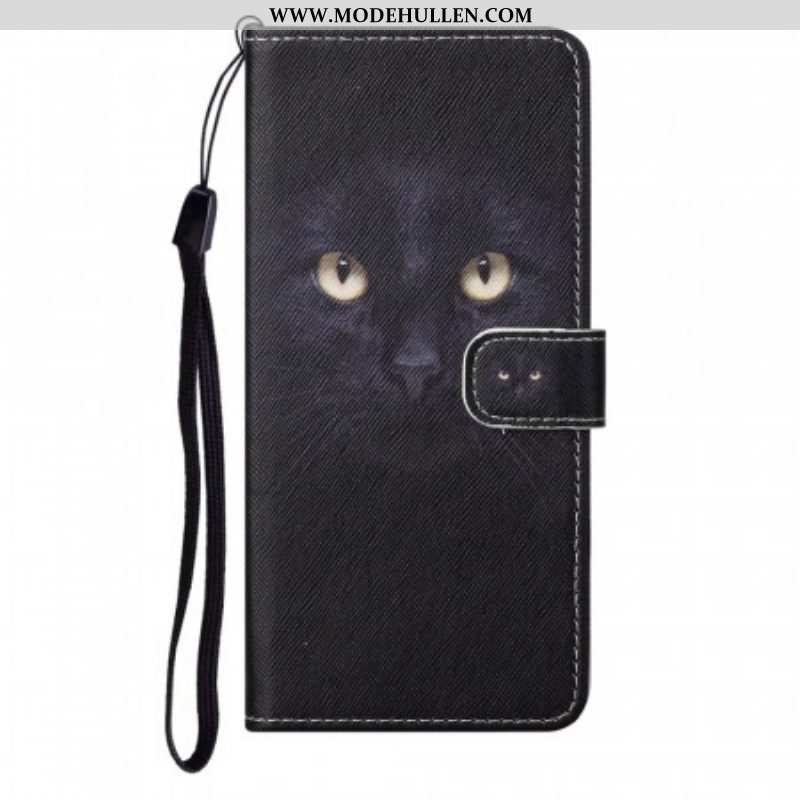 Flip Case Für Moto G71 5G Mit Kordel Riemchenförmige Schwarze Katzenaugen
