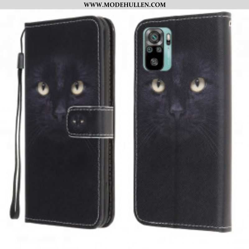 Flip Case Für Poco M5s Mit Kordel Riemchenförmige Schwarze Katzenaugen