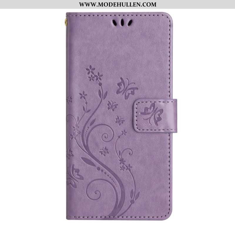 Flip Case Für Samsung Galaxy A54 5G Mit Kordel Blumen Und Schmetterlinge Mit Riemen