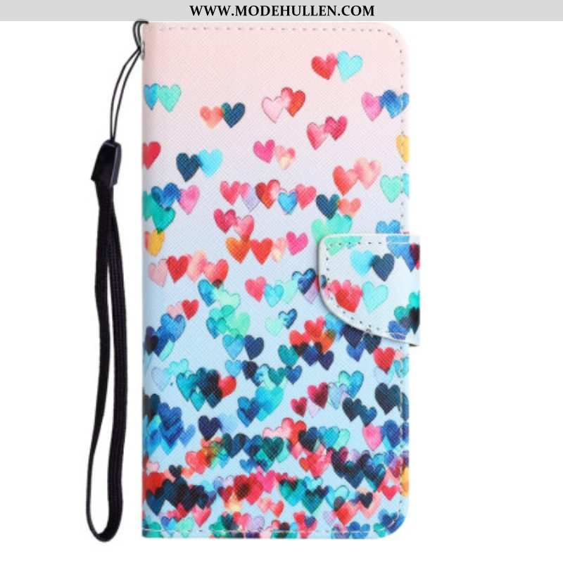 Flip Case Für Samsung Galaxy A54 5G Mit Kordel Strappy Hearts Regen