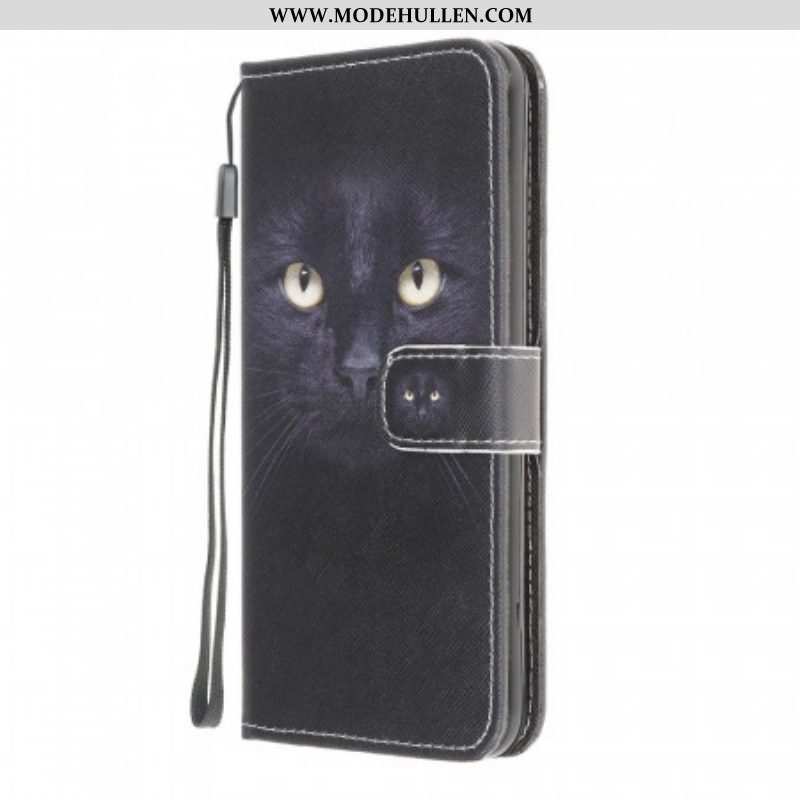 Flip Case Für Samsung Galaxy M32 Mit Kordel Riemchenförmige Schwarze Katzenaugen