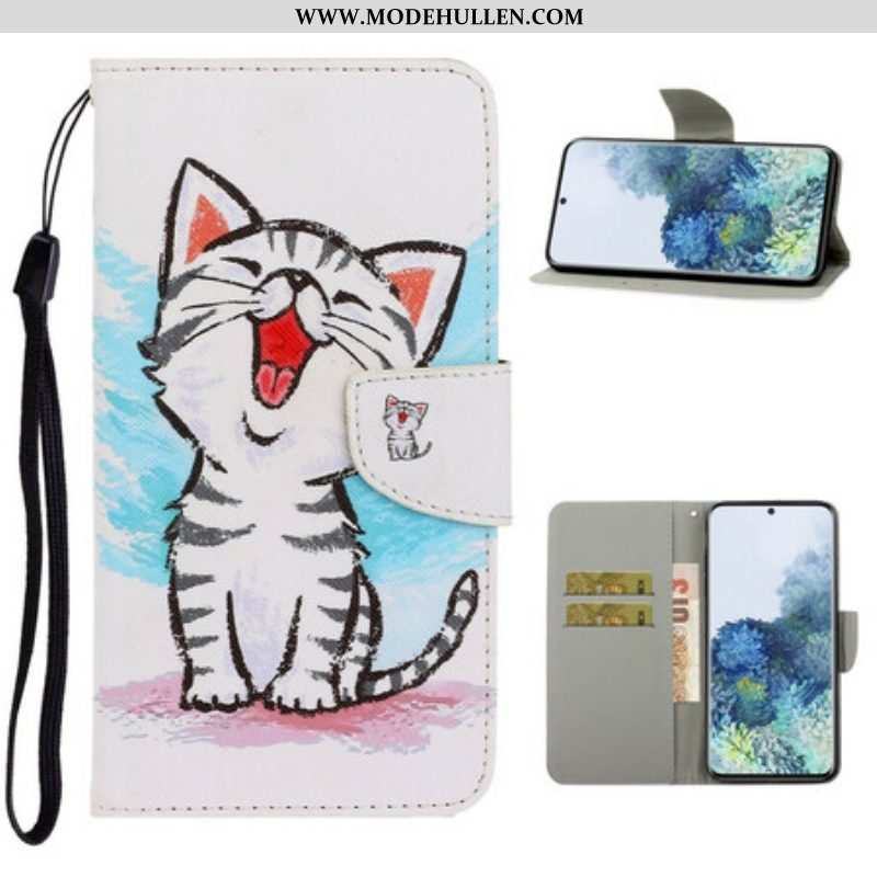 Flip Case Für Samsung Galaxy S21 5G Mit Kordel Riemchenfarbenes Kätzchen